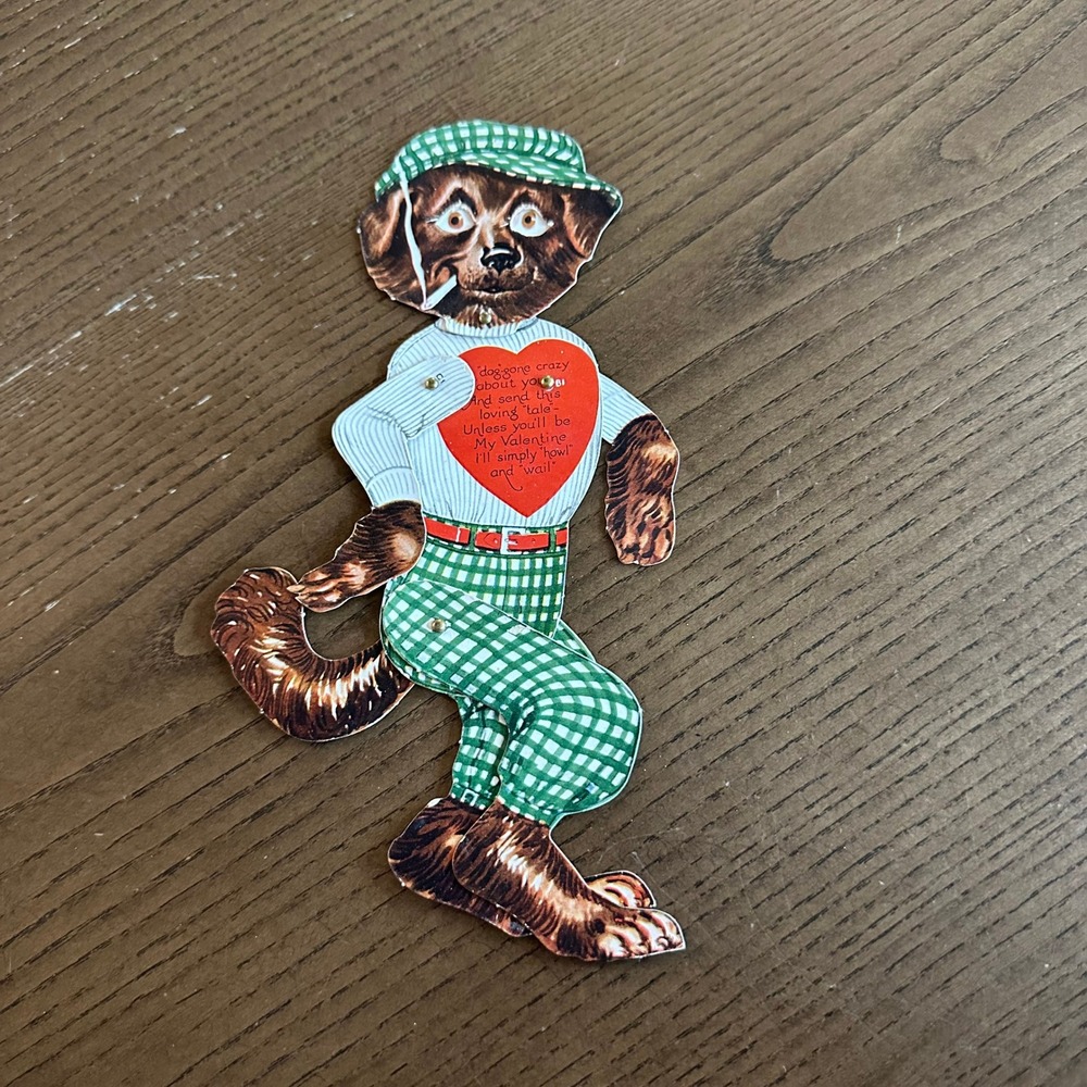 Vintage Mechanical Valentine Card Dog Gingham Suit Movable Tail Paper Ephemera